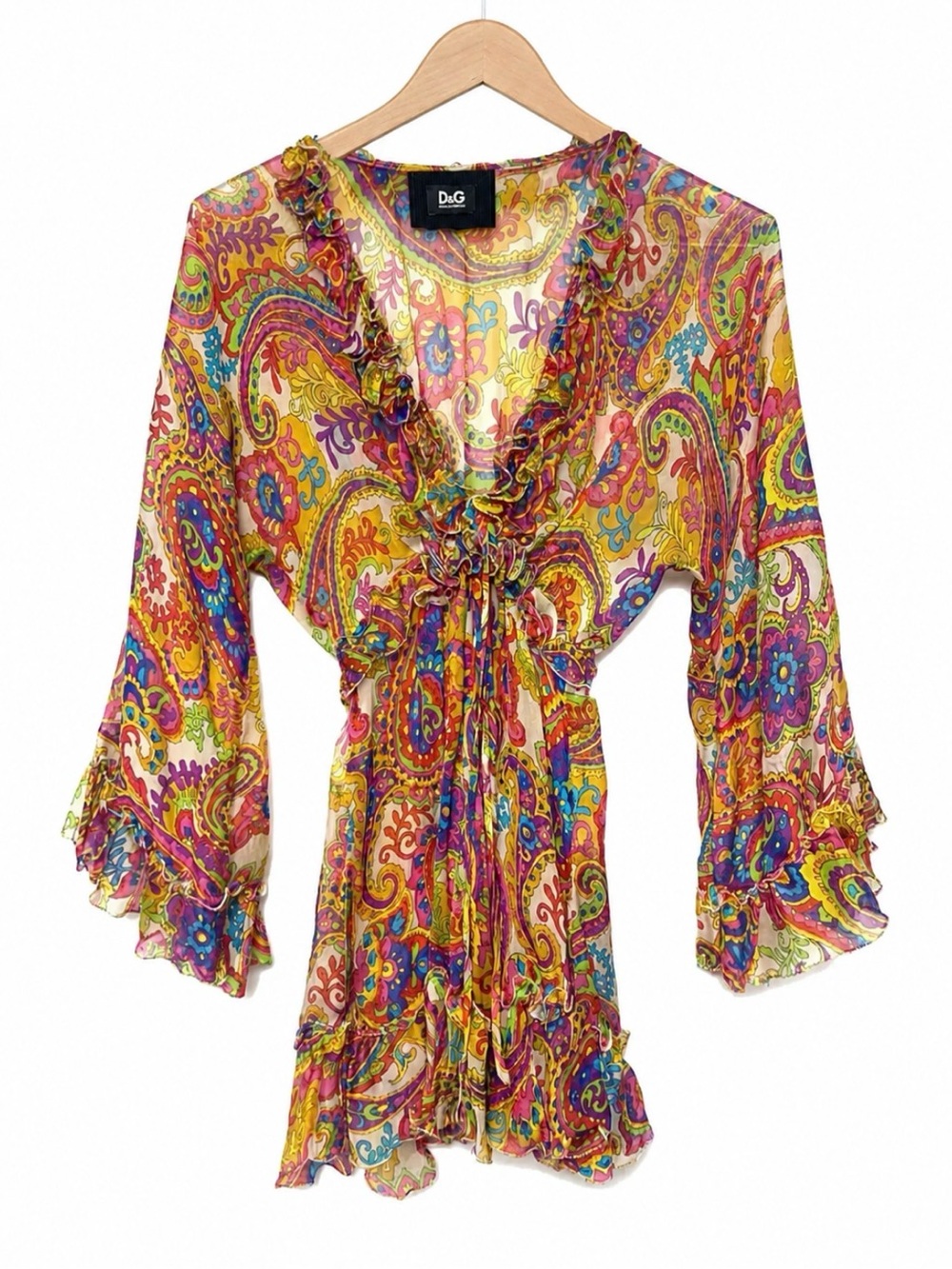Dolce & Gabbana Vintage Multicolor Paisley Flower Ruffled Tie-Front Blouse